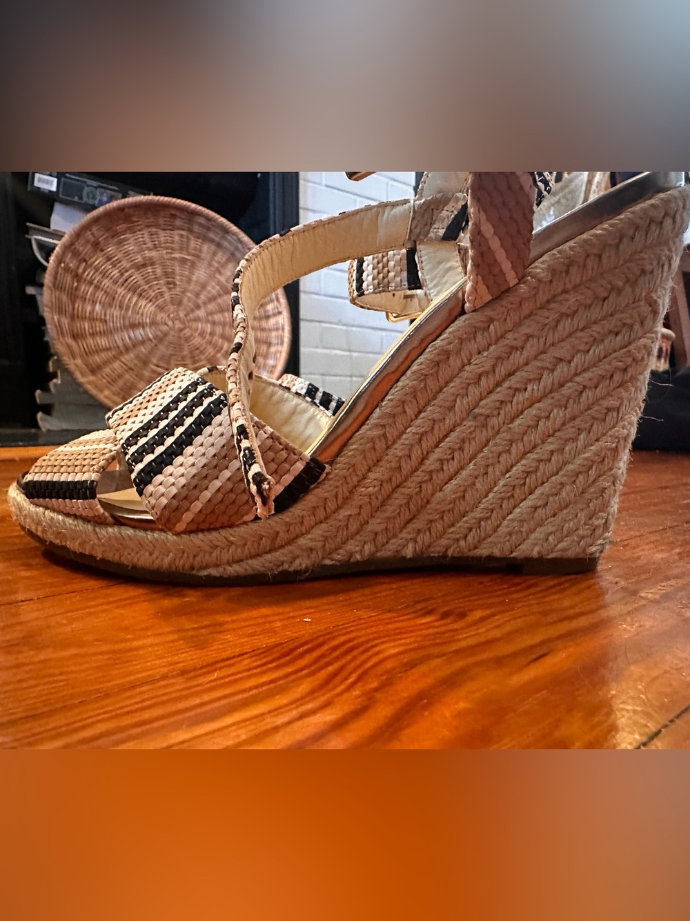 Cole Haan Espadrille Wedge Sandals 7B | Woven Raffia Stripe Bow Ankle Strap - Picture 5 of 8